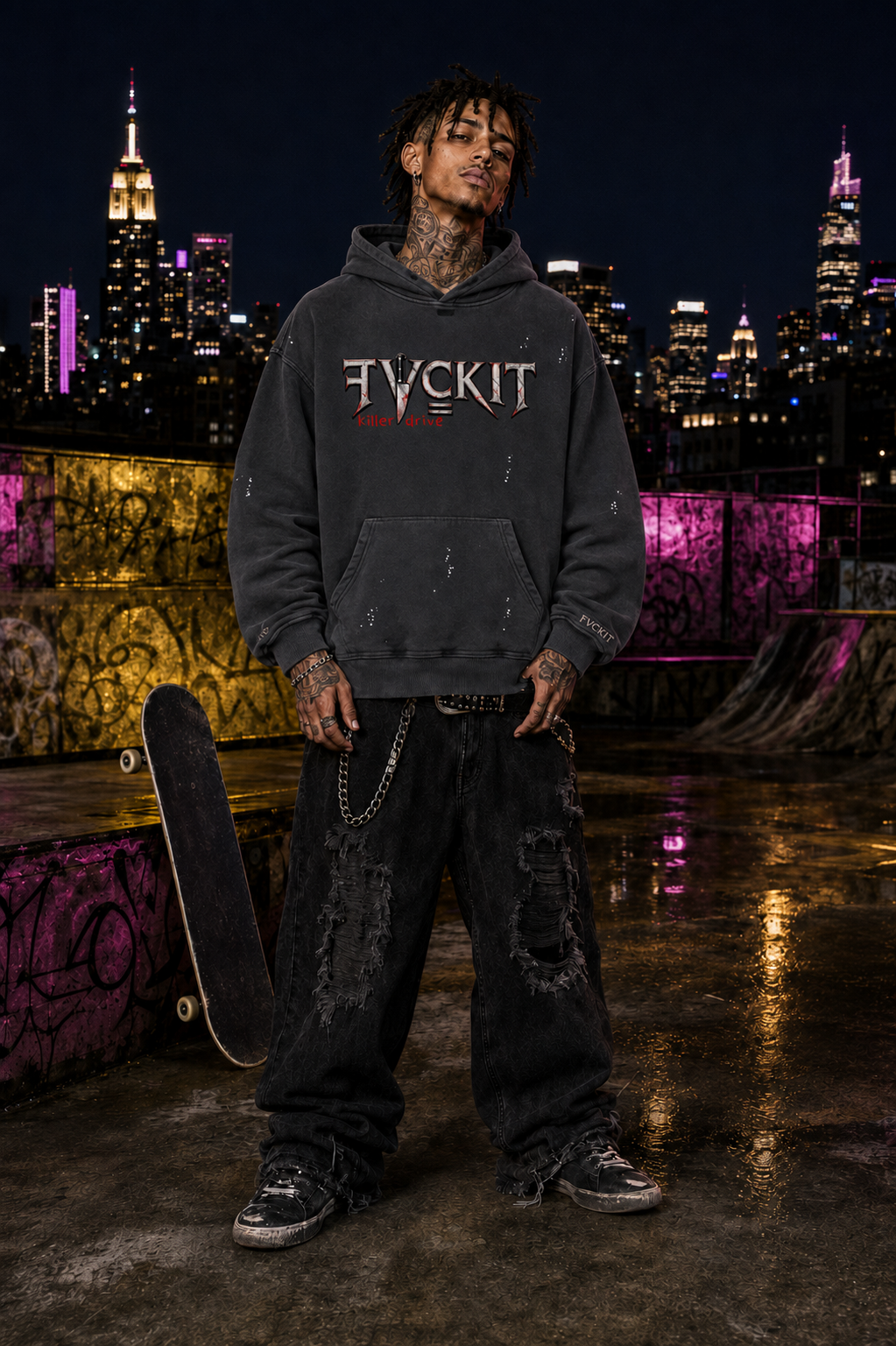 KILLER DRIVE = Vintage Washed Frayed Fleece Hoodie