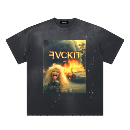 GIRL ON FYAH = Hand-Frayed Sunfade Paint Splatter T-Shirt